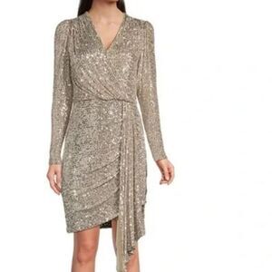 NWT Alex Marie Sequin Surplice Faux Wrap Dress W/ Tassel Size 8P